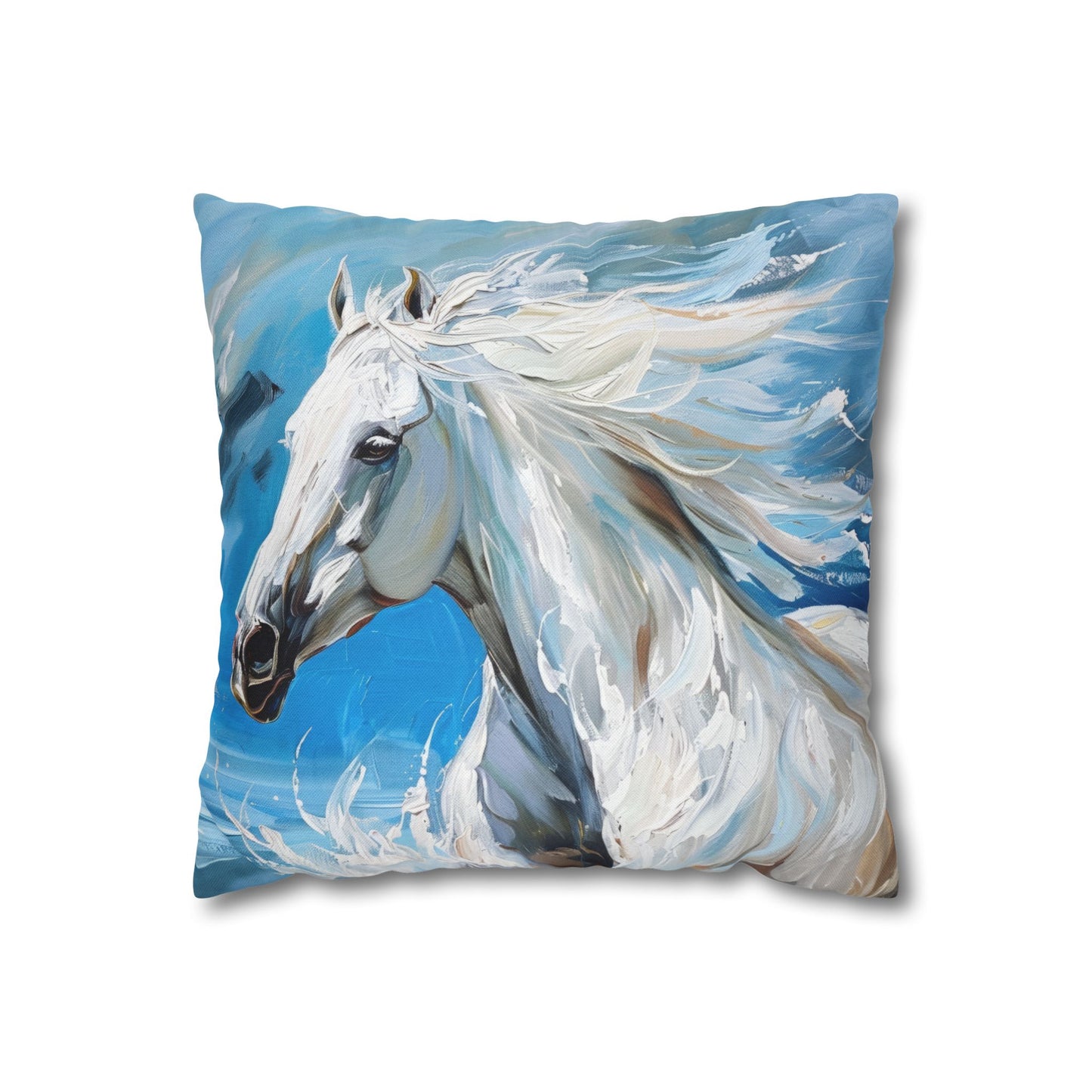 Majestic White Stallion Galloping Along the Oceans Edge Spun Polyester Square Pillowcase 4 Sizes