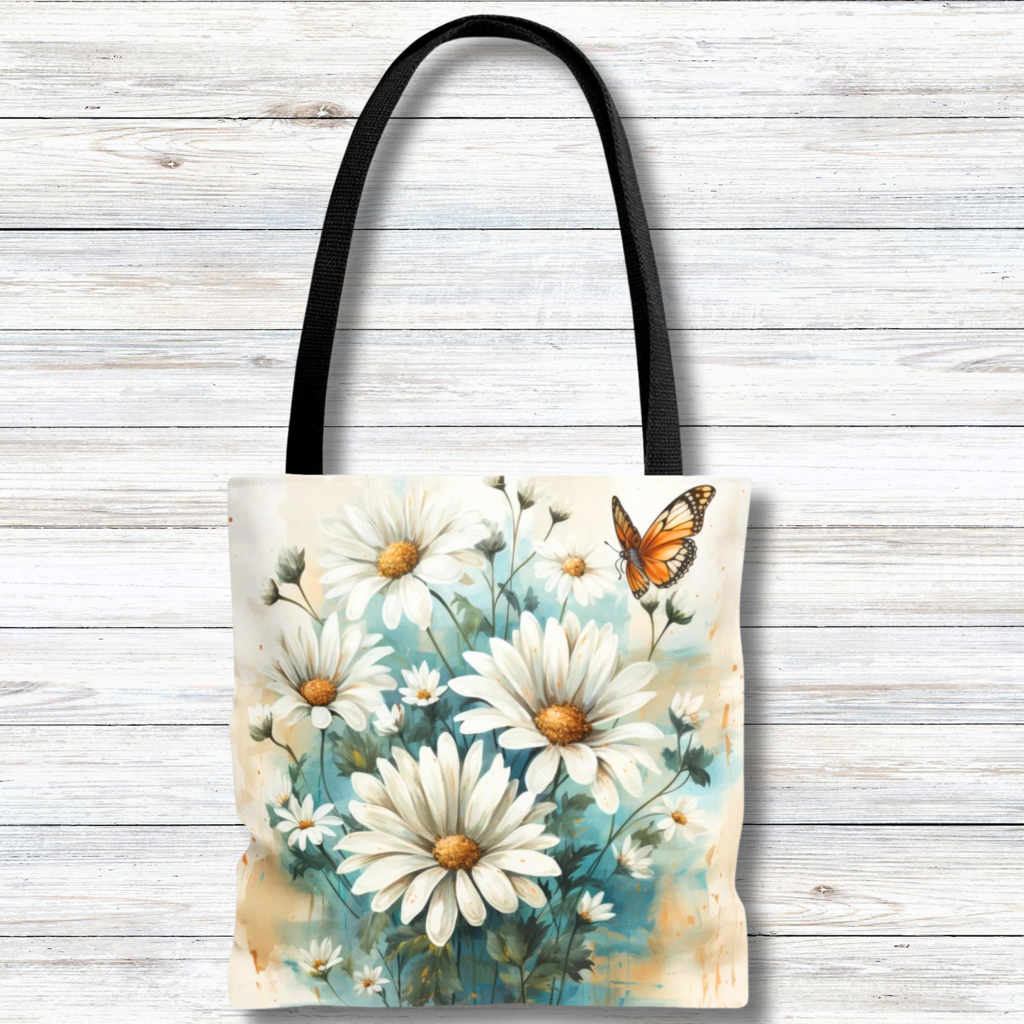 Rustic Farmhouse Teal and White Wild Daisies and Butterflies - Canvas Tote 3 Sizes