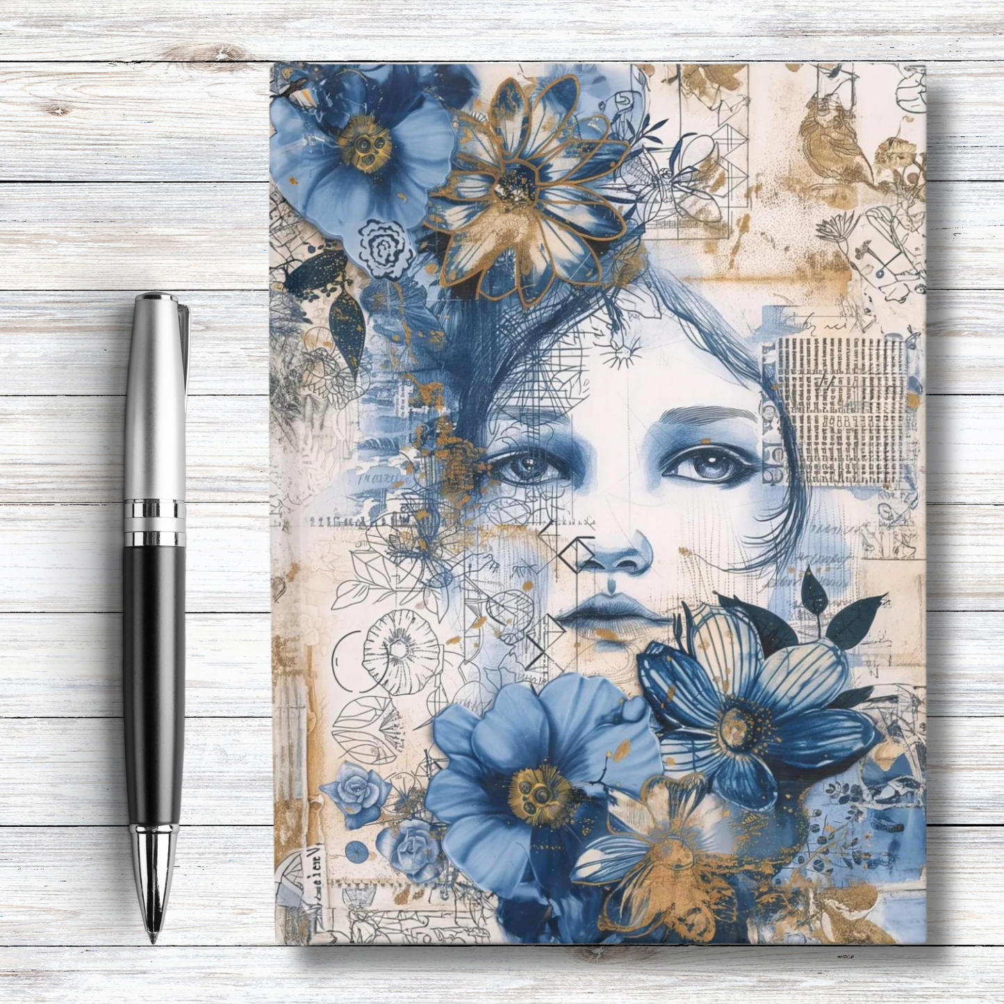 Woman's Enigmatic Gaze Amidst a Sea of Blue Flowers - Hardcover Ruled Line Journal 5" x 7"