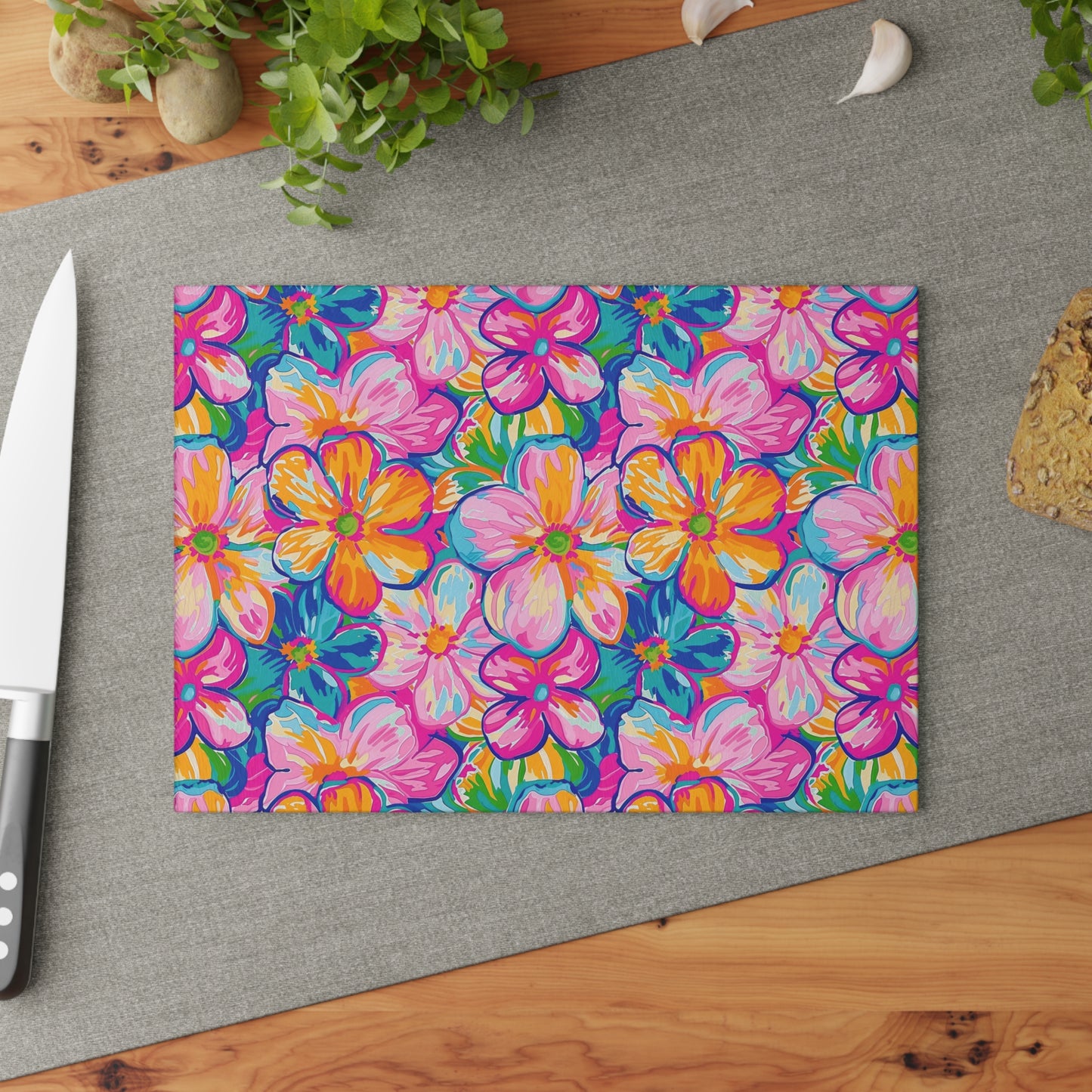 Chromatic Blossoms: Large Watercolor Flowers in Mixed Pinks, Blues, and Oranges Cutting Board 2 Sizes