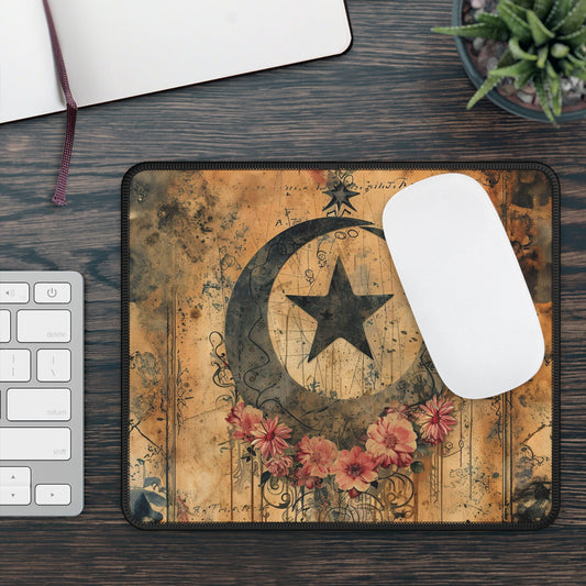 Mystical Vintage Celestial Moon Stars and Flowers Gaming Mouse Pad with Finished Edges