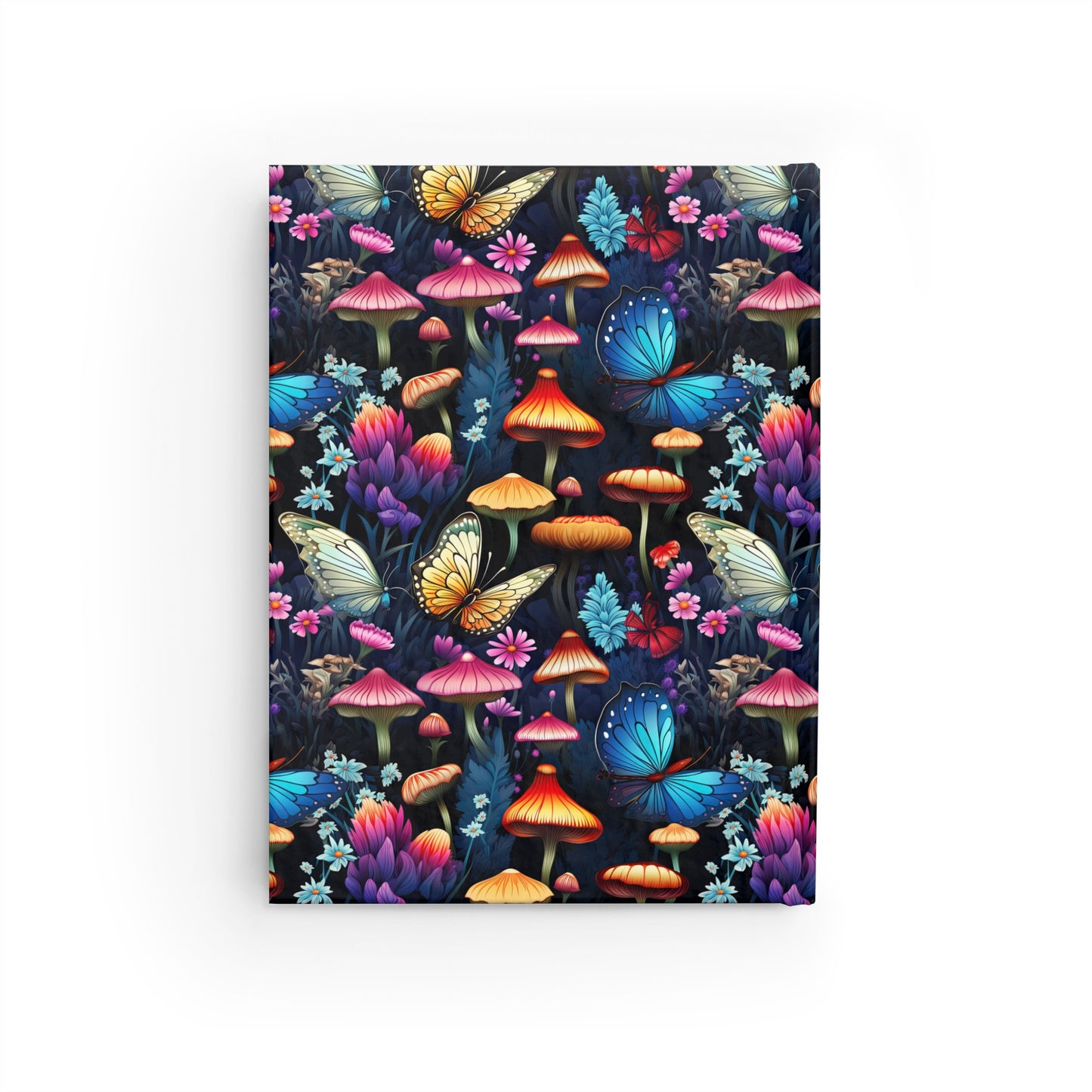 Neon Nocturne: Illuminated Butterfly and Mushroom Silhouettes Against the Night Sky - Hardcover Ruled Line Journal 5" x 7"