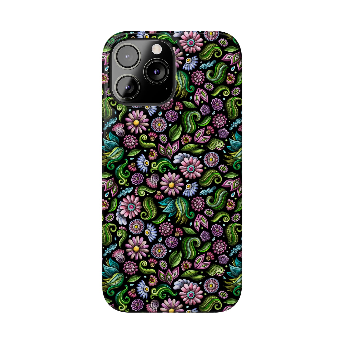 Purple & Pink Daisy Floral Print on Black Background Iphone 15-12 Slim Phone Case