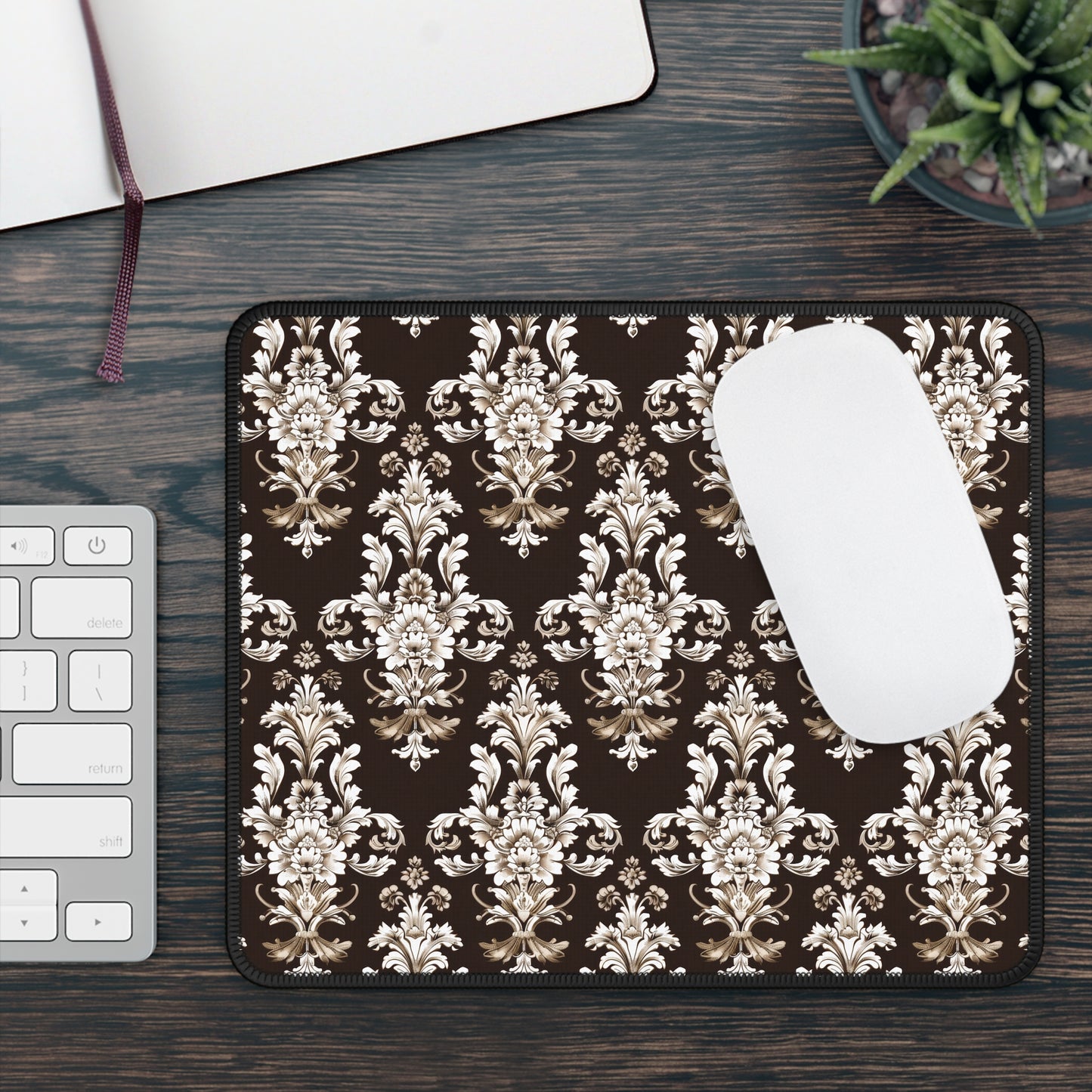 Elegant Rococo Pattern of Intricate Brown and White Floral Scroll Design Gaming Mouse Pad with Finished Edges