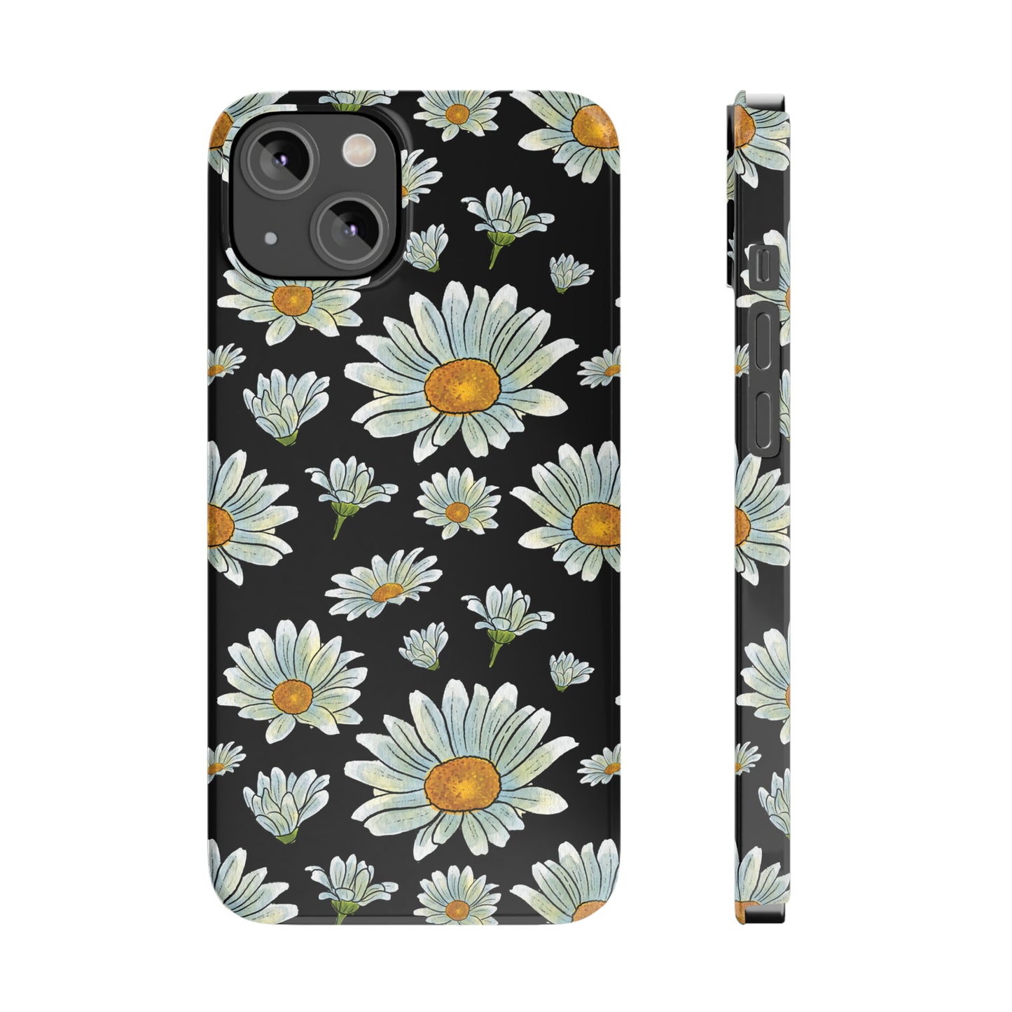 Large Watercolor Summer Daisies Blooming Against a Bold Black Background Iphone 15-12 Slim Phone Case