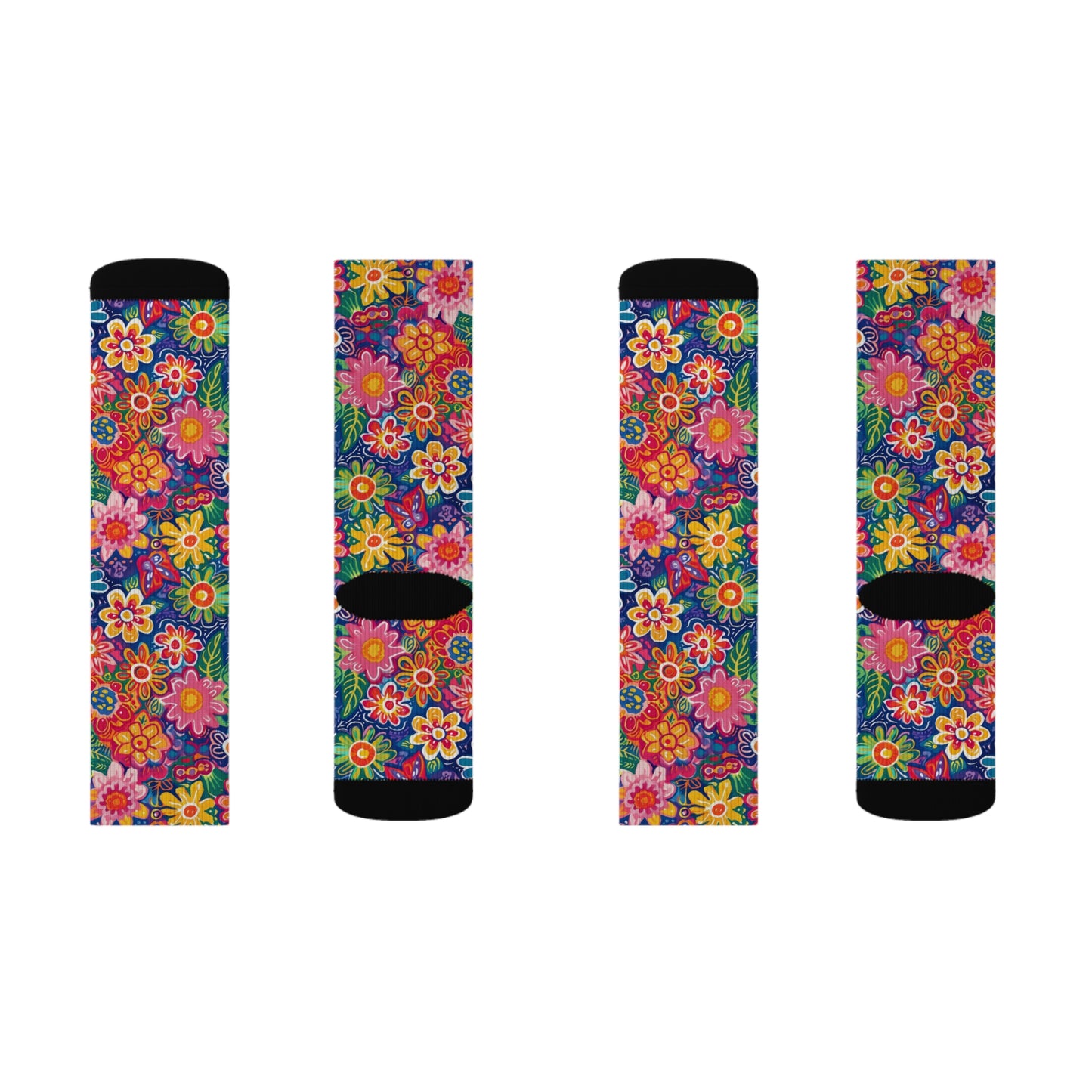 Fluttering Kaleidoscope: Vibrant Multicolor Flowers and Butterflies in Flight Ribbed Crew Socks