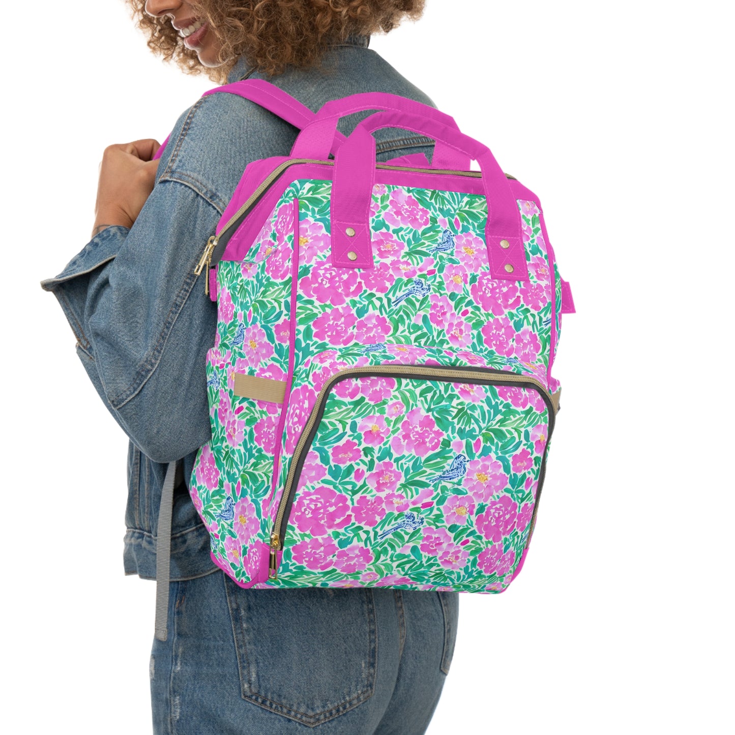 Springtime Whispers: Tiny Birds and Pink Blooms, Subtle Blue Accents, and Lush Green Leaves Multifunctional Diaper Backpack