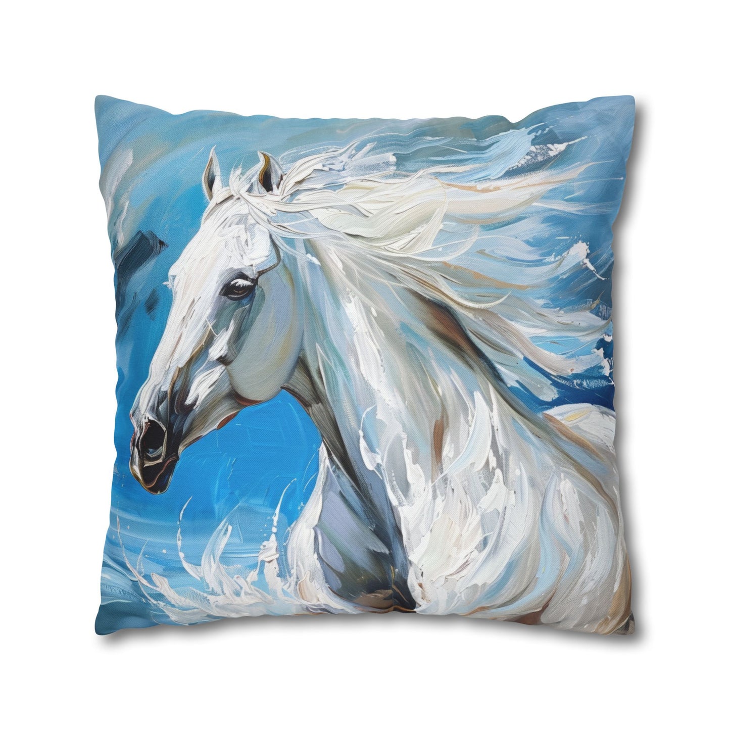 Majestic White Stallion Galloping Along the Oceans Edge Spun Polyester Square Pillowcase 4 Sizes