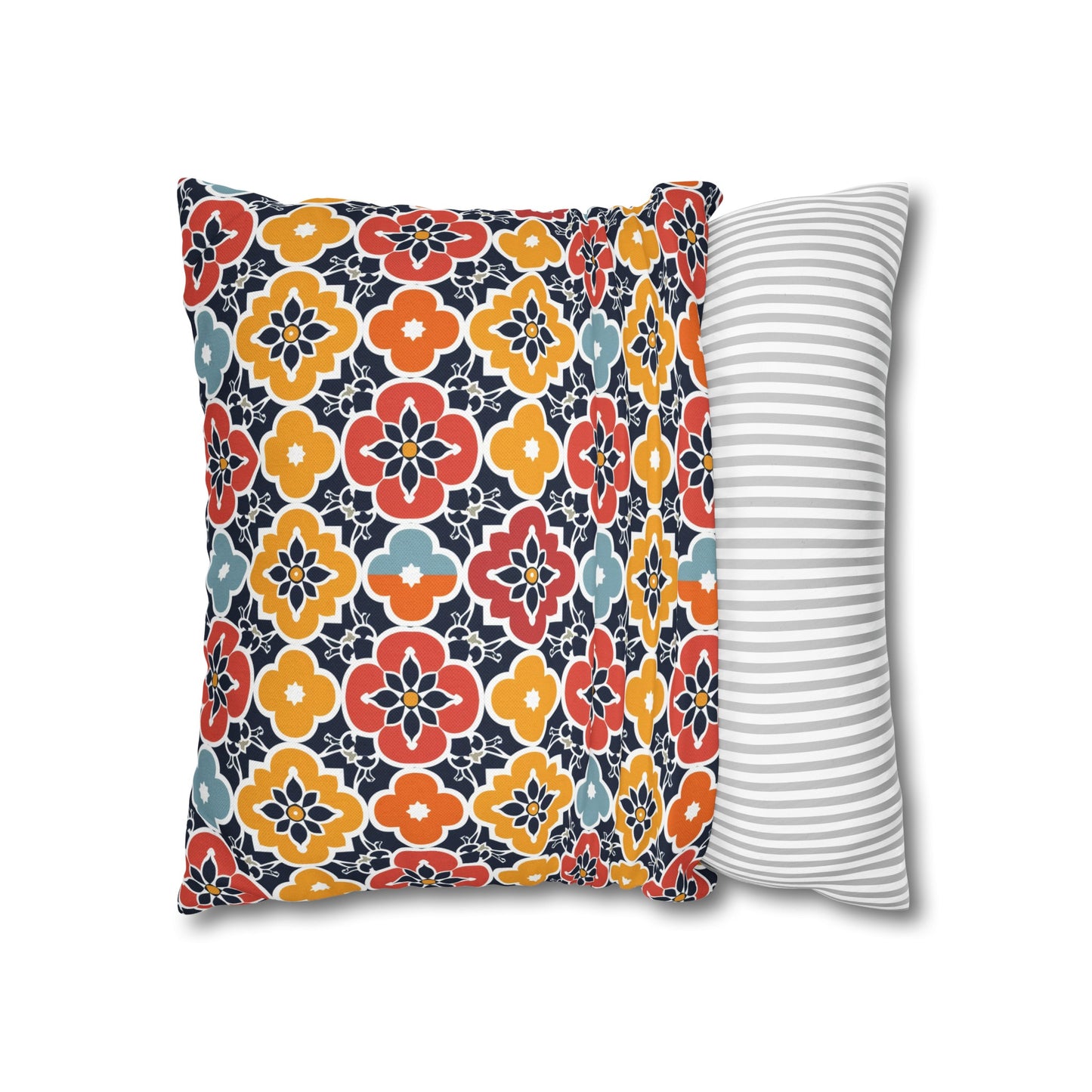 Vibrant Moroccan Orange, Gold and Blue Tile Pattern Spun Polyester Square Pillowcase 4 Sizes