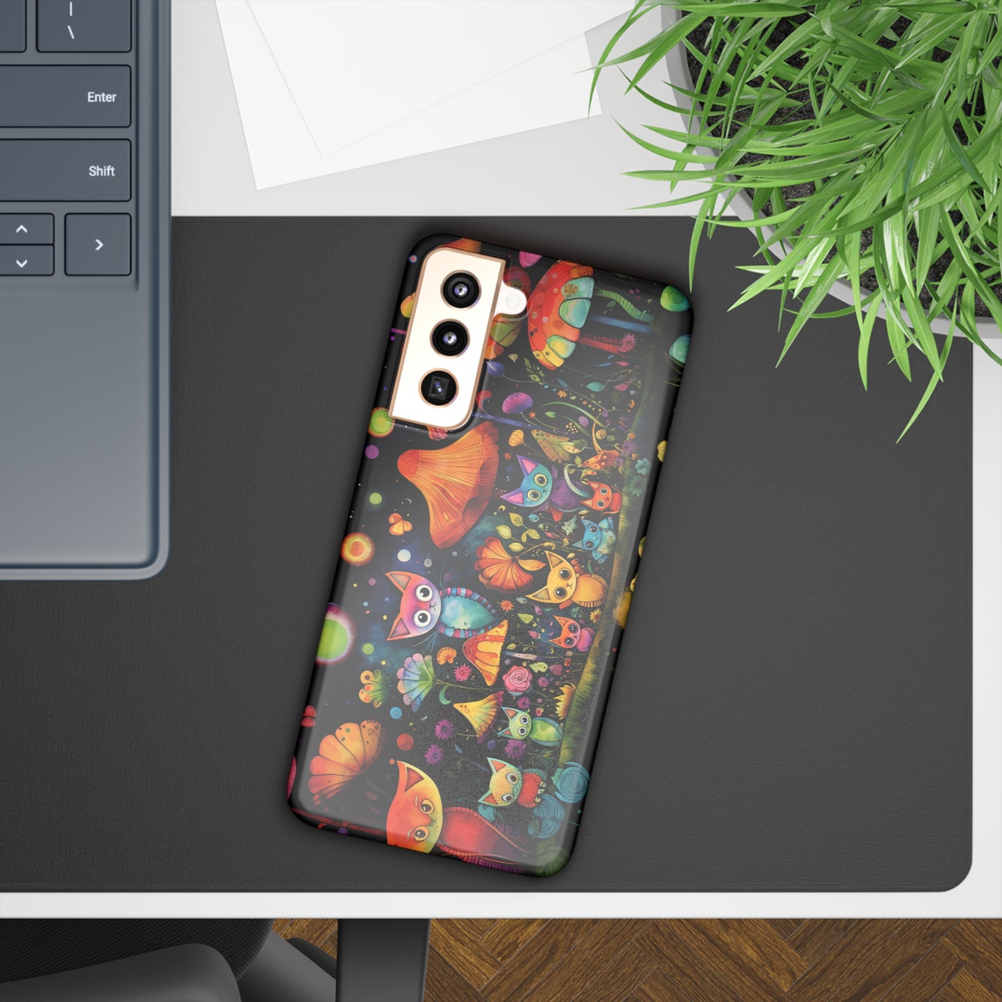 Mystical Cats Amidst a Garden of Flowers and Mushrooms, Beneath a Starry Sky Samsung Slim Cases