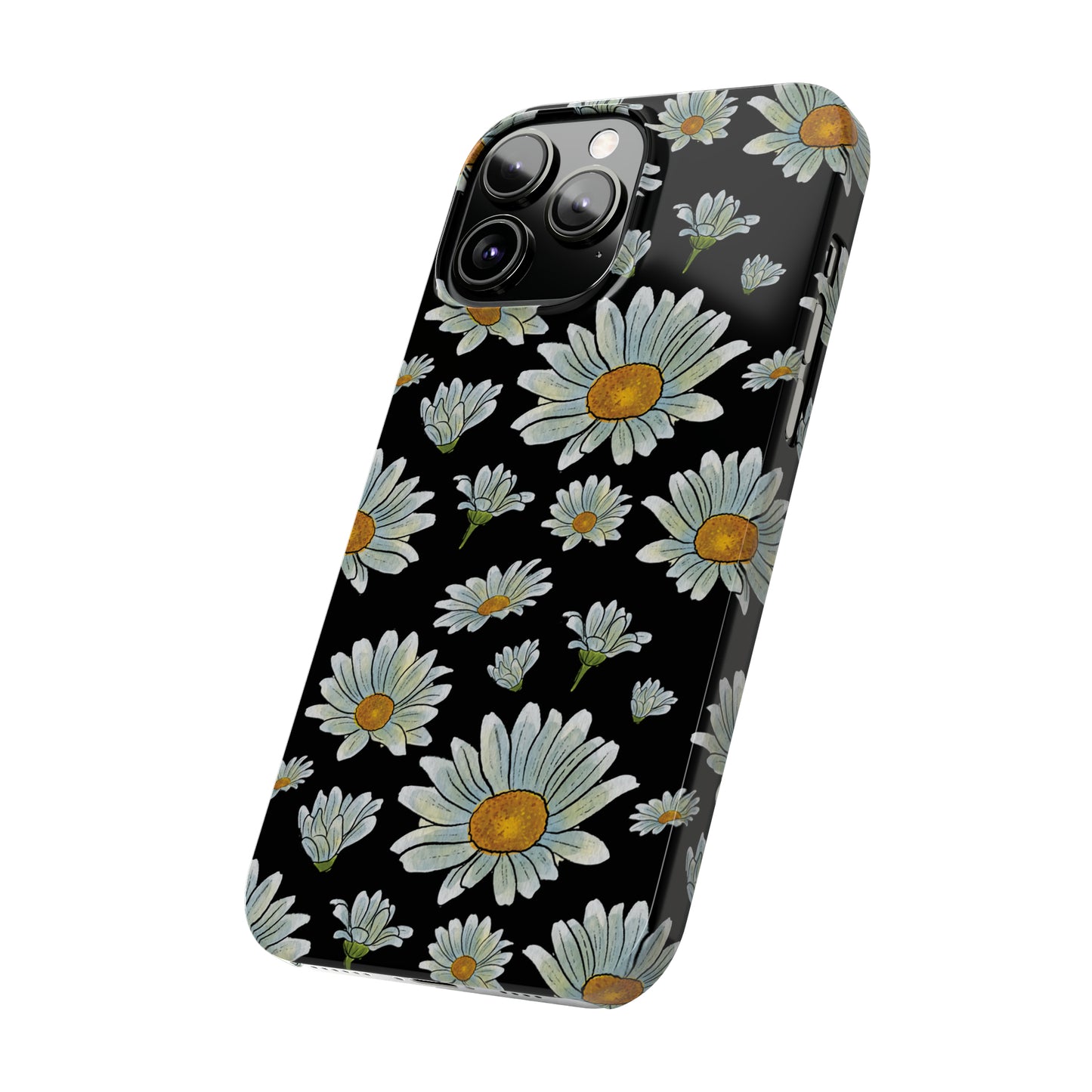 Large Watercolor Summer Daisies Blooming Against a Bold Black Background Iphone 15-12 Slim Phone Case