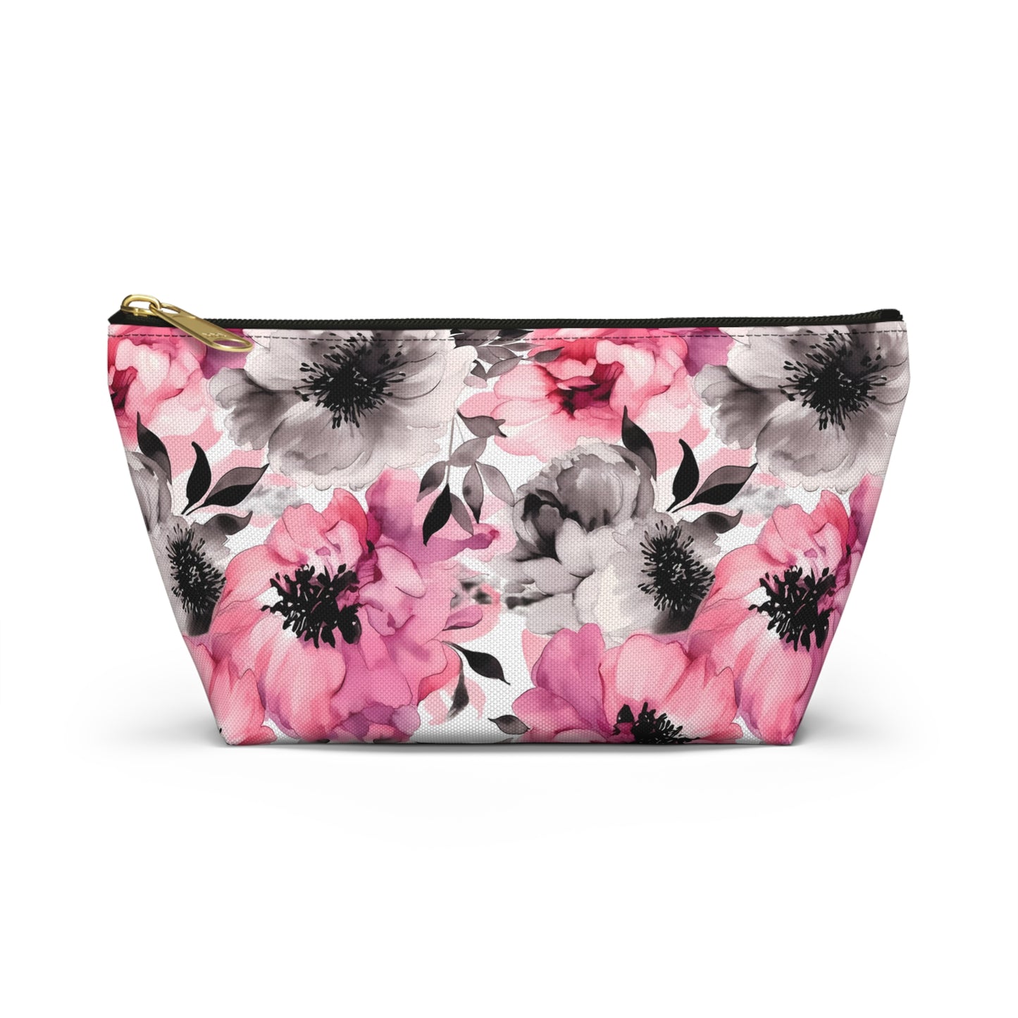 Graceful Elegance: Large Pink and Grey Watercolor Flower Design - Makeup & Accessory Bag 2 Sizes