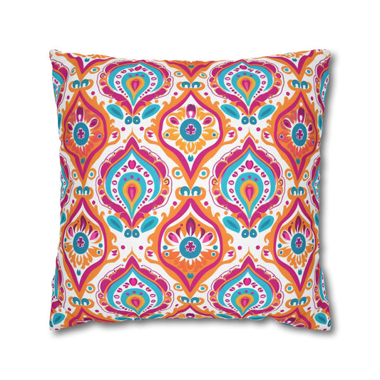 Bohemian Rapture of Floral Harmony in Lush Tangerine and Cerulean Polyester Square Pillowcase 4 Sizes