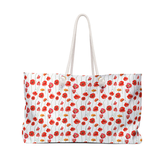 Vivid Elegance: Bright Red Poppies on a White Background  - Weekender Oversized Canvas Tote Bag 24" × 13"