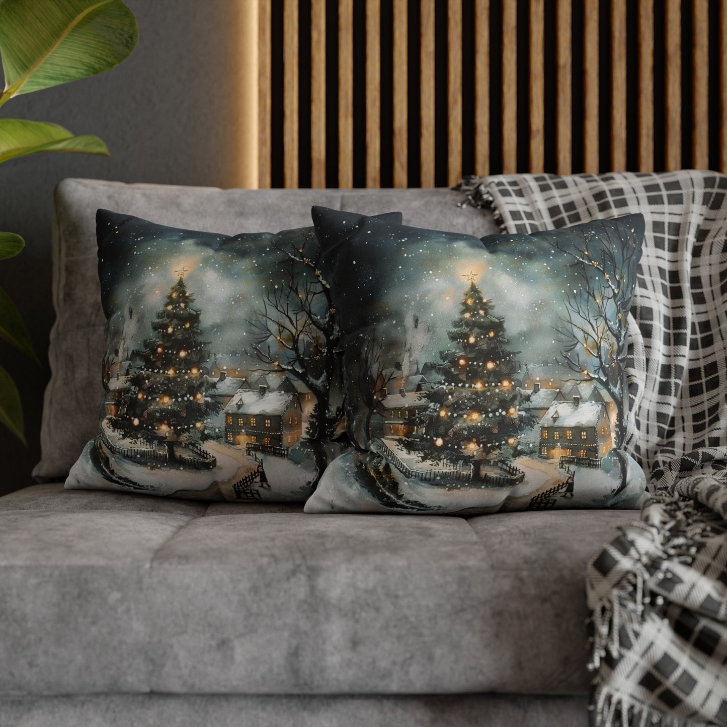 Winter Wonderland Glow: Christmas Tree Illuminating a Snowy Village Spun Polyester Square Pillowcase 4 Sizes