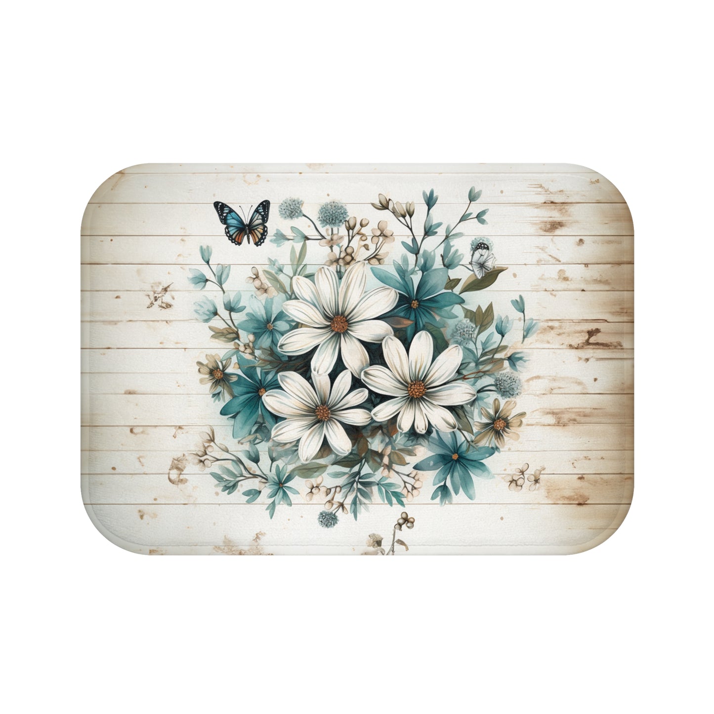 Rustic Charm Bouquet featuring Teal Accents White Wild Daisies with Butterflies  Bathroom Non-Slip Mat 2 Sizes