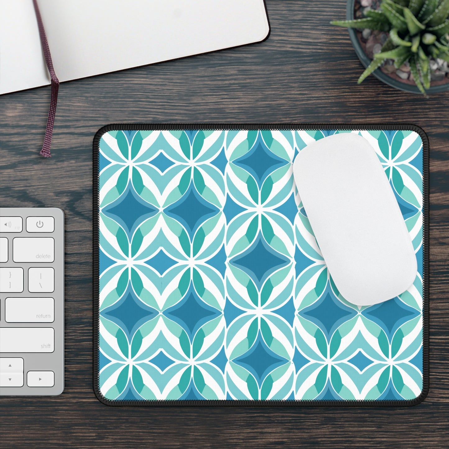 Retro Abstract Blue, Teal, and Aqua Pattern Mouse Pad with Finished Edges