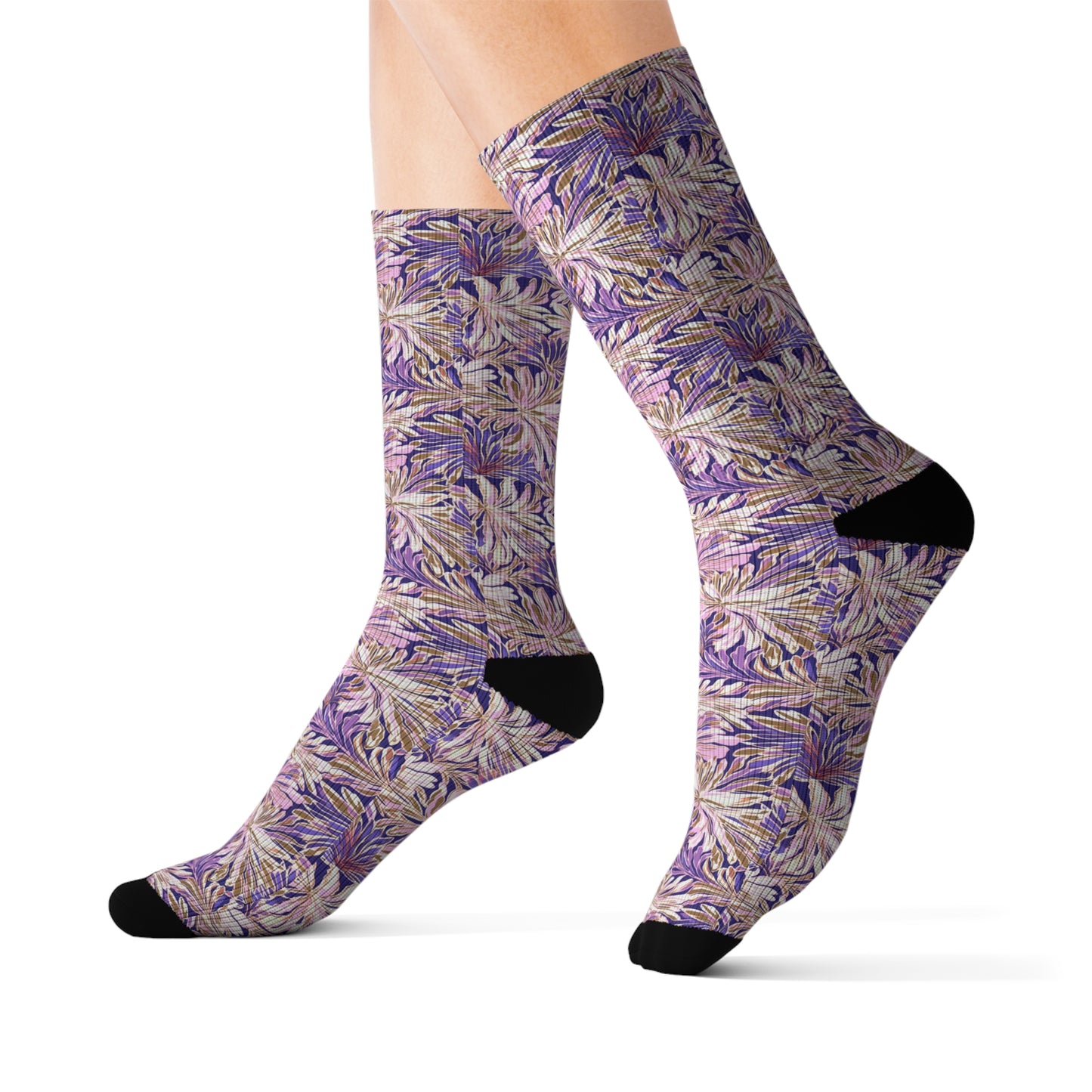 Gilded Blooms: Purple, Pink, and Gold Abstract Watercolor Flowers Ribbed Crew Socks