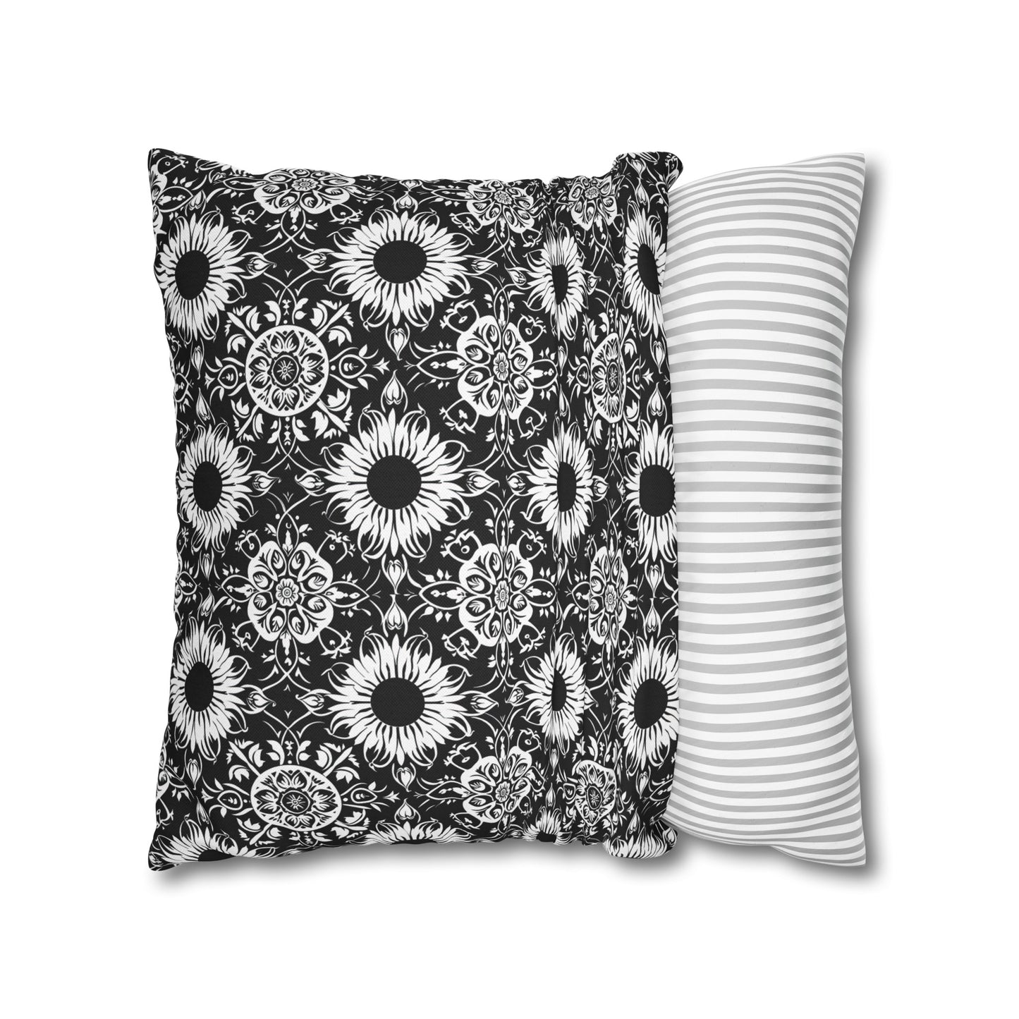 Elegant Mandala Design with Black and White Sunflowers Spun Polyester Square Pillowcase 4 Sizes