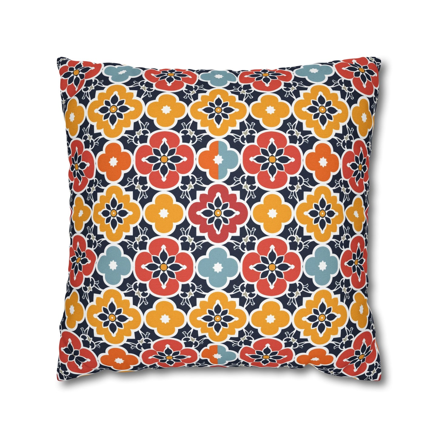 Vibrant Moroccan Orange, Gold and Blue Tile Pattern Spun Polyester Square Pillowcase 4 Sizes