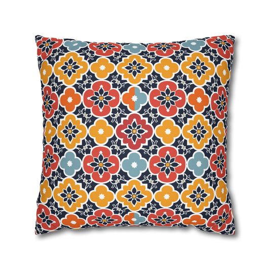 Vibrant Moroccan Orange, Gold and Blue Tile Pattern Spun Polyester Square Pillowcase 4 Sizes