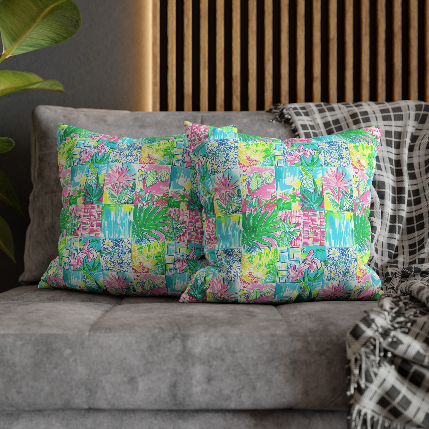 Whimsical Palm Trees and Flowers in Vibrant Pink, Teal, and Green Collage Spun Polyester Square Pillowcase 4 Sizes