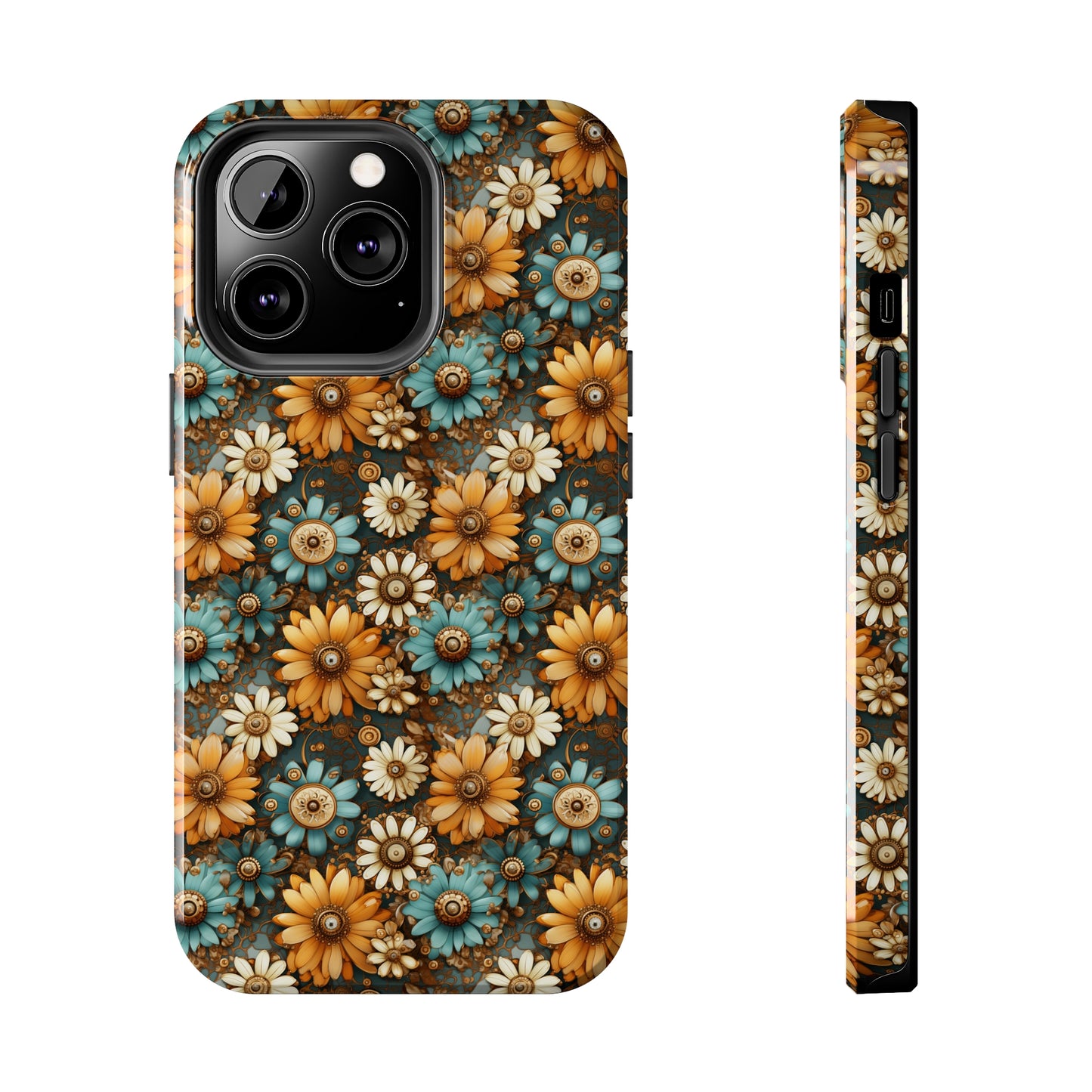 Victorian Steampunk Cream Gold and Teal Flowers with Gears and Mechanical Elements Iphone Tough Phone Case