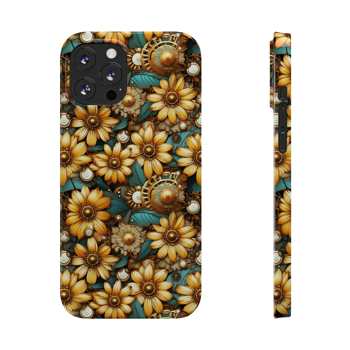 Victorian Steampunk Gold Flowers Teal Background with Gears and Mechanical Elements Iphone 15-12 Slim Phone Case