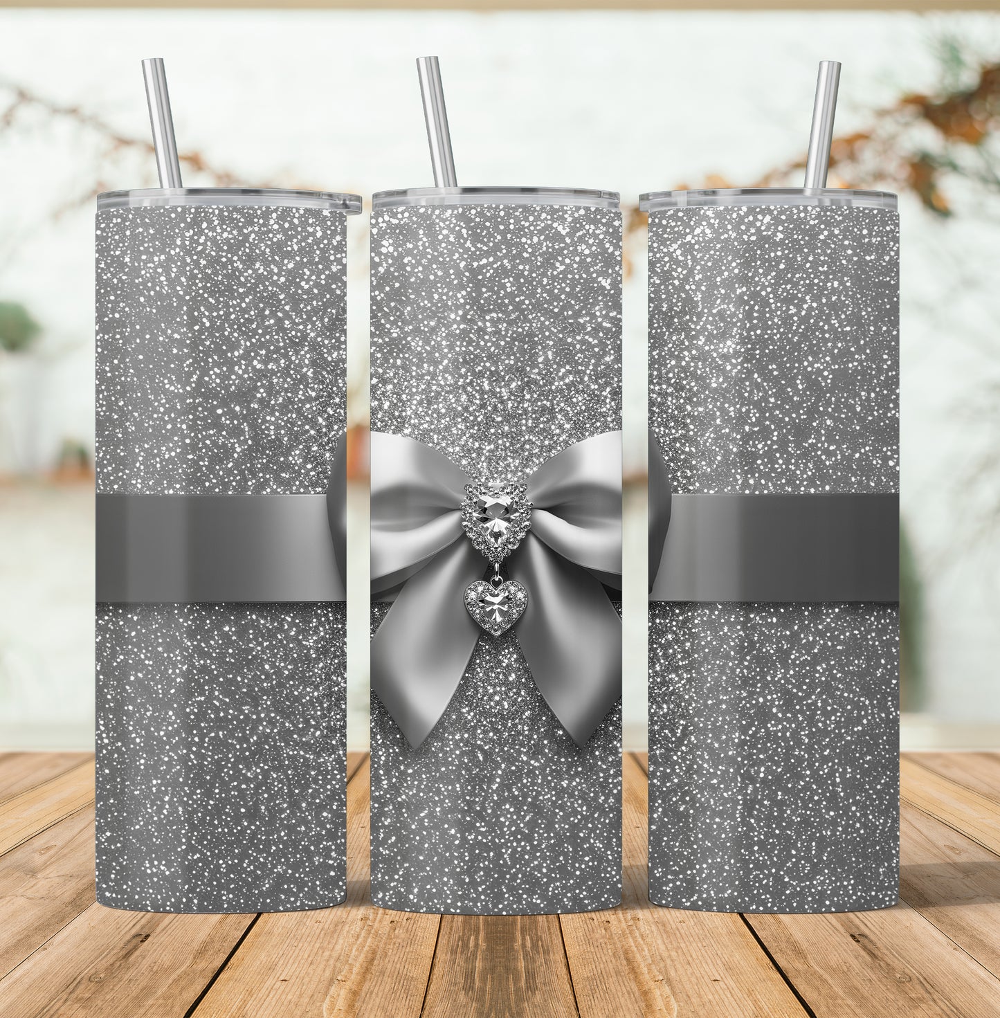 Bling Sparkle Coquette Bow and Jewels Glam Silver Seamless Design 20 oz Skinny Tumbler