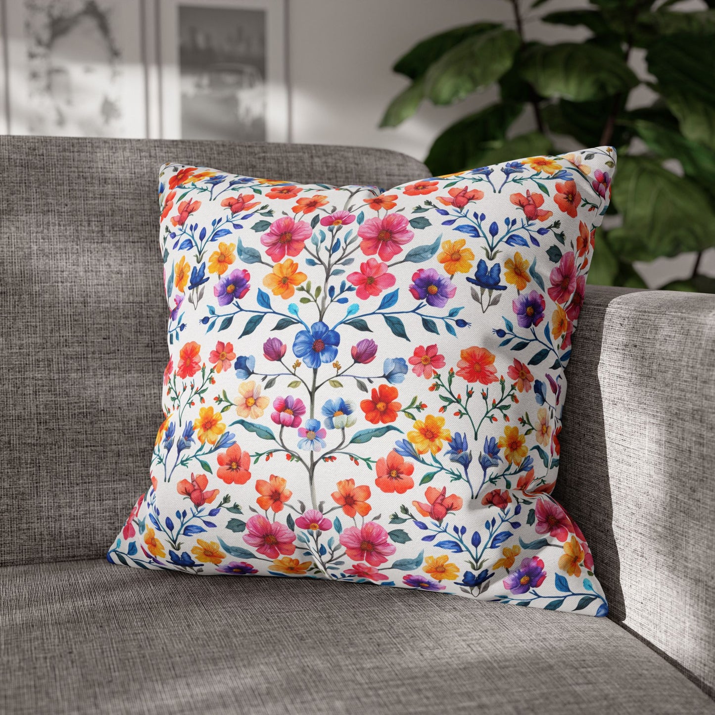 Botanical Symphony with Vibrant Watercolor Flowers  Spun Polyester Square Pillowcase 4 Sizes