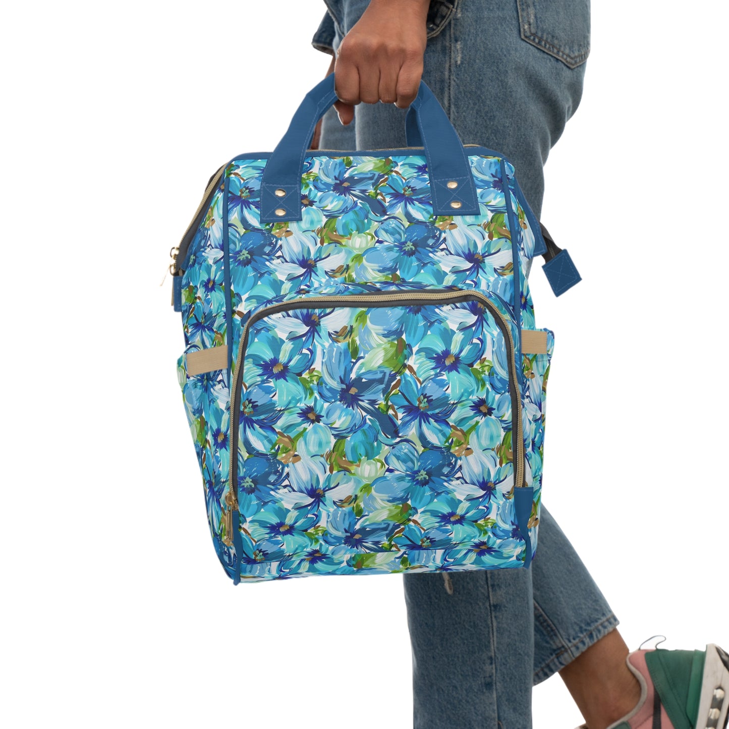 Large Blue Watercolor Flowers with Gentle Accents of Brown and Green Multifunctional Diaper Backpack