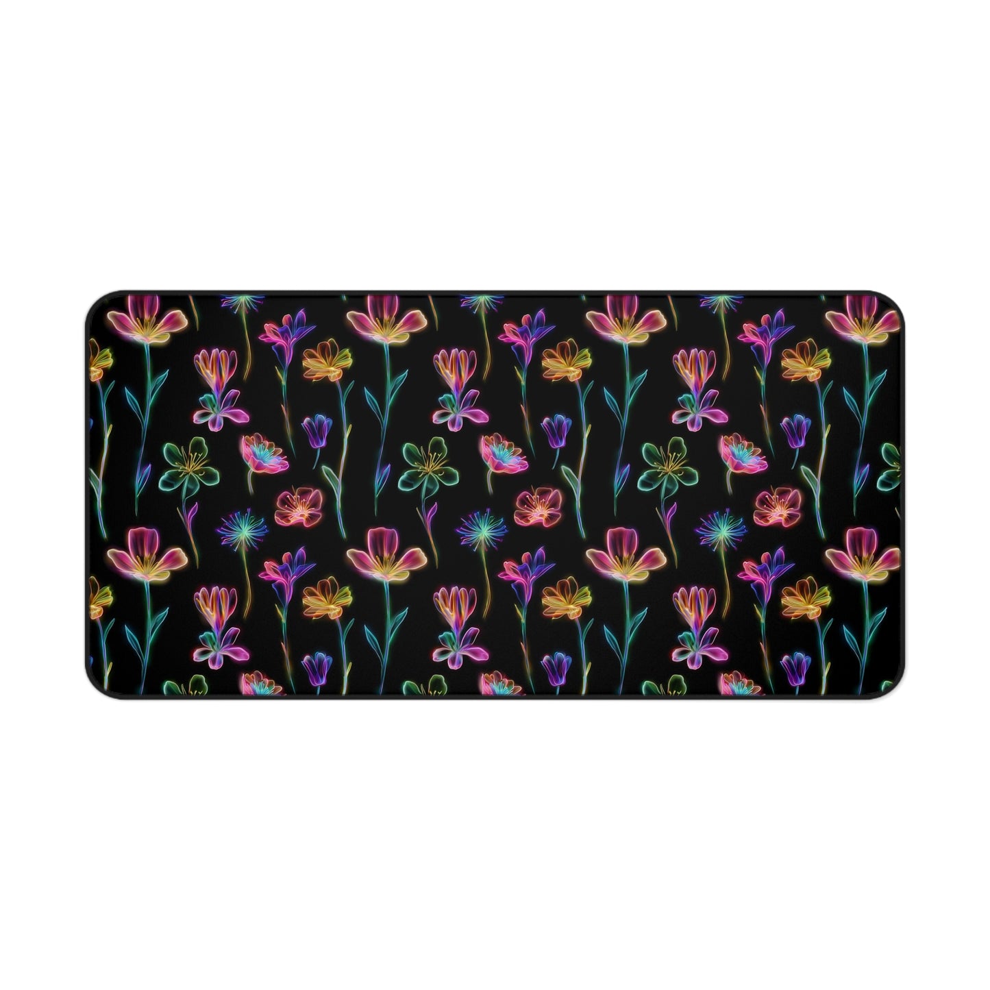 Neon Spring Flowers Deskmat , Floral Dark Desk Decoration, Floral Large Mousepad, Gaming Desk Mat, Desktop Accessory