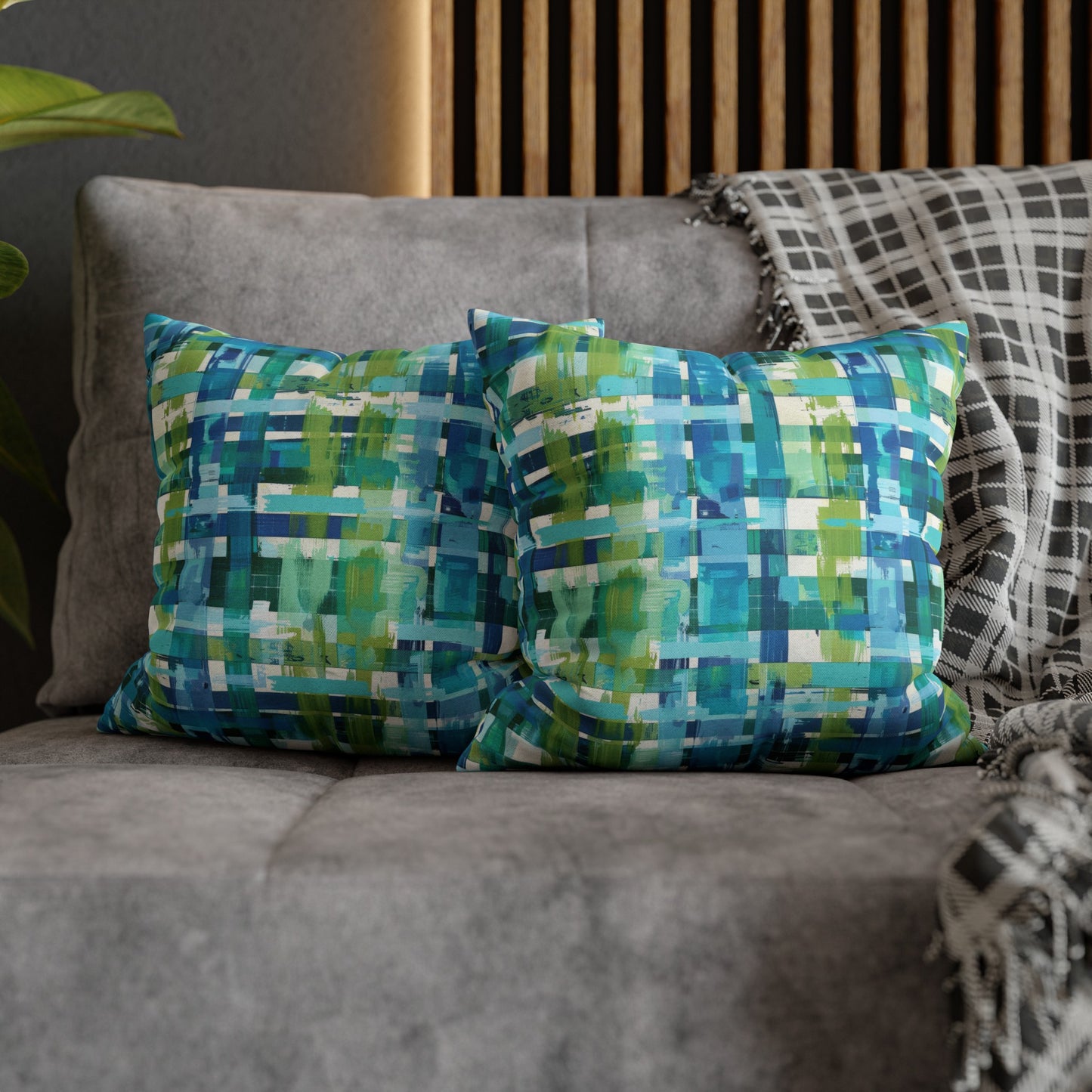 Enchanted Lagoon: Vibrant Green and Blue Abstract Plaid Spun Polyester Square Pillowcase 4 Sizes