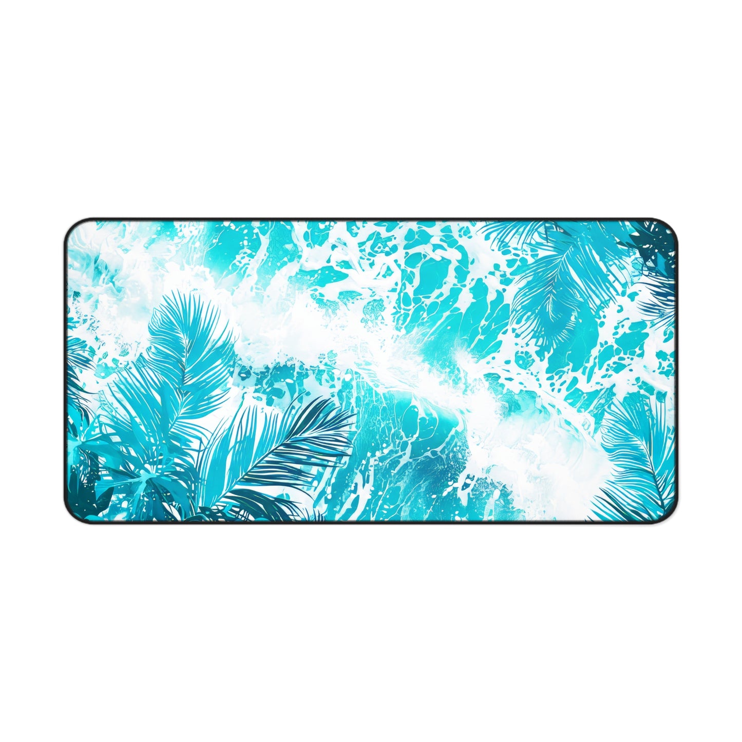 Tropical Serenity Lush Palm Leaves Interwoven with Foaming Sea Waves Rich Teal Tones Extended Gaming Mouse Pad  Desk Mat  - 3 Sizes