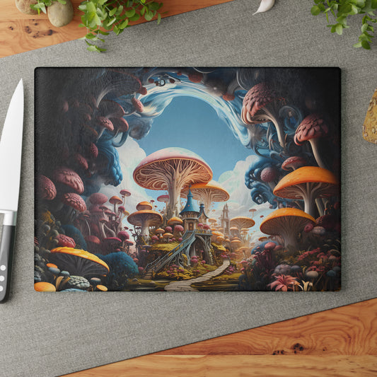 Fairytale Vibrant 3D Mushroom Garden with Mushroom House on a Hill - Glass Cutting Board  8" x 11" and 11" x 15"