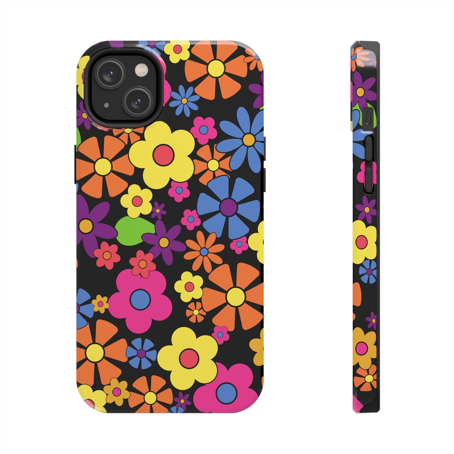 Flower Power Design on Black Background Iphone Tough Phone Case