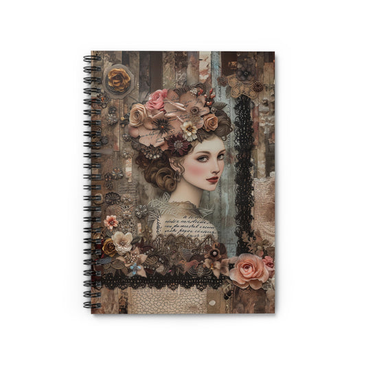 Vintage Lady in Couture, Adorned with Exquisite Flowers - Spiral Notebook Ruled Line 6"x8"