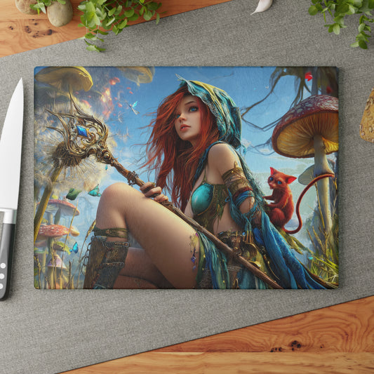 Enchantress with Magic Staff Fairy World Glass Cutting Board, Charcuterie Serving Tray 2 Sizes