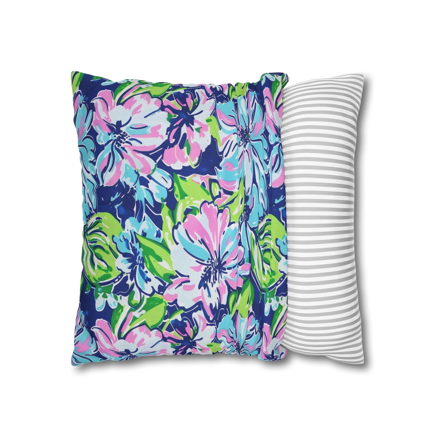 Seaside Coastal Pink, Navy, and Green Tropical Blooms Spun Polyester Square Pillowcase 4 Sizes