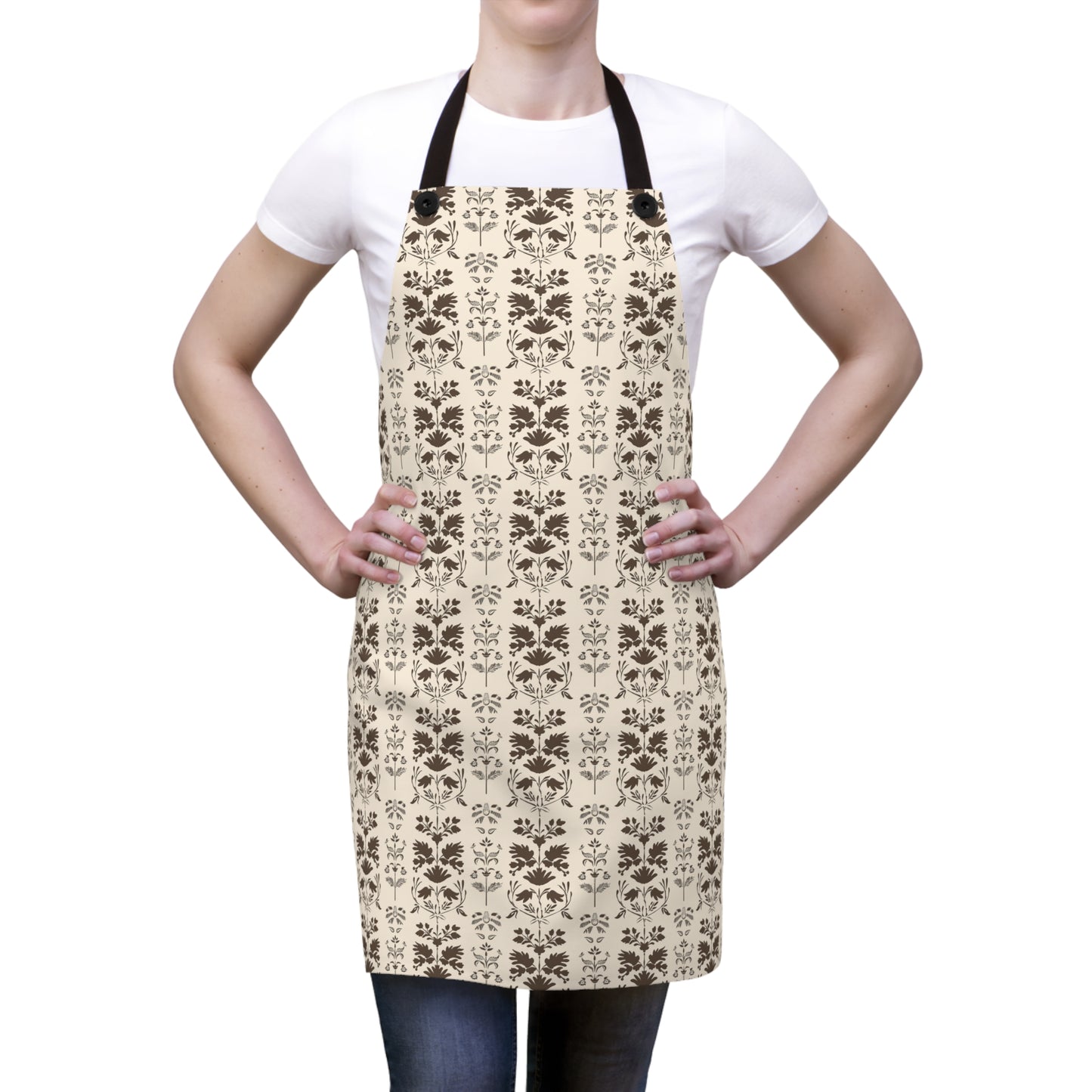 Early American Stencil-Inspired Beige and Brown Floral Pattern Kitchen Chef Apron