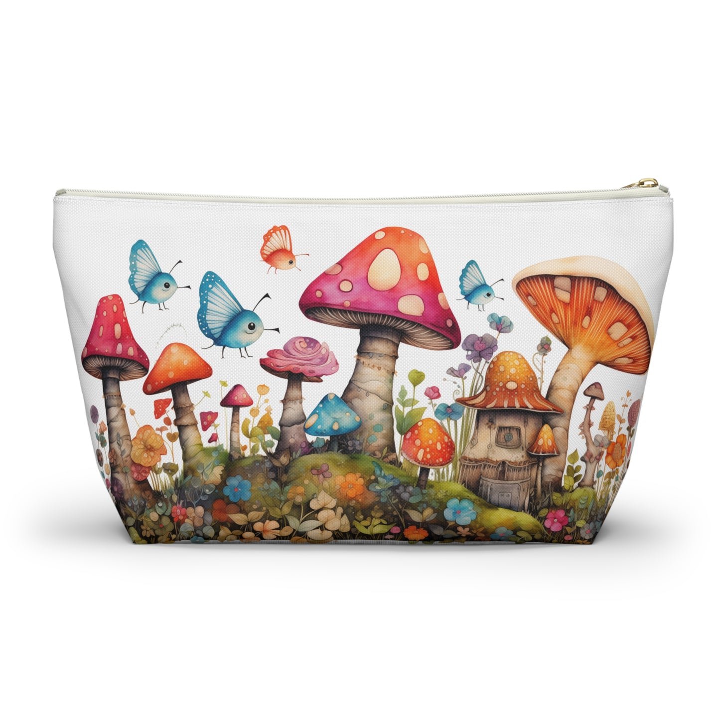 Enchanting Mushroom Cottage Adorned with Butterflies and Toadstools - Makeup & Accessory Bag 2 Sizes