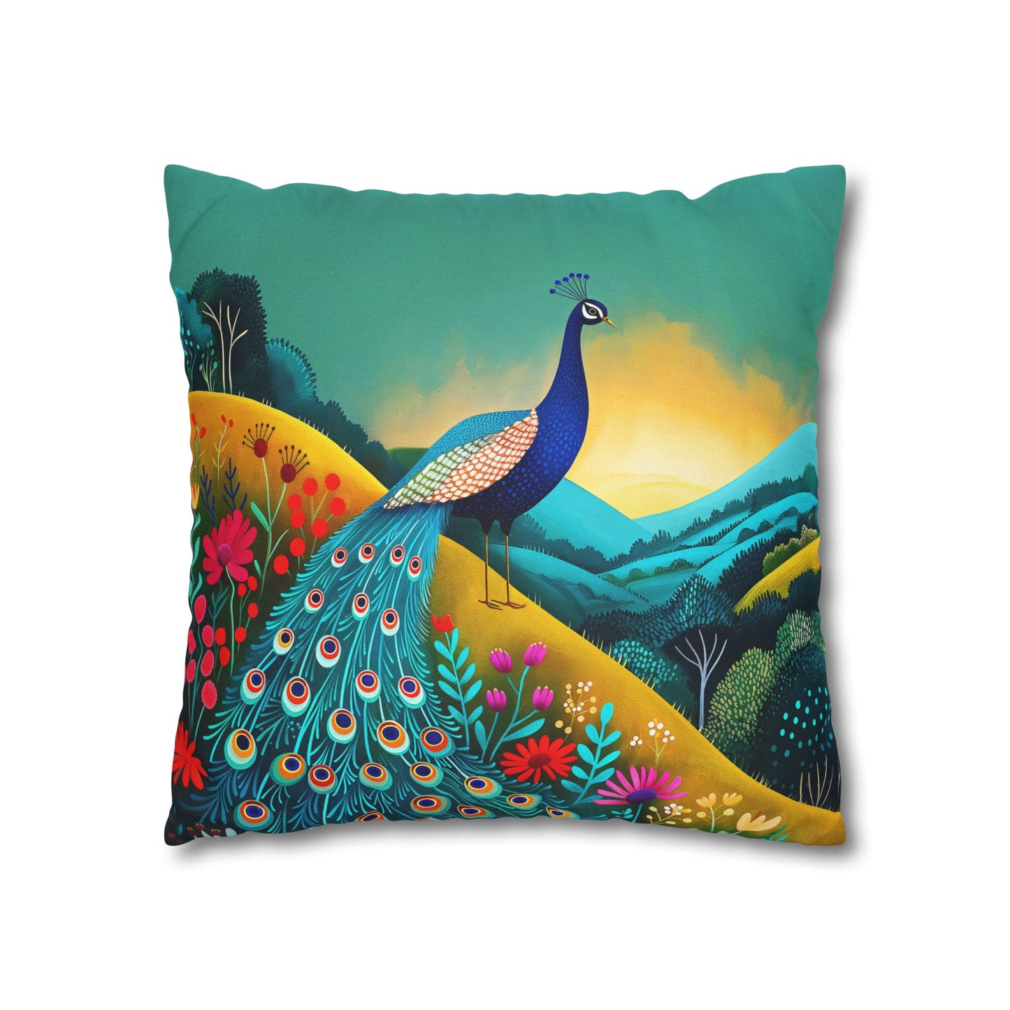 Radiant Peacock with Colorful Enchanted Garden and Sunrise Spun Polyester Square Pillowcase 4 Sizes