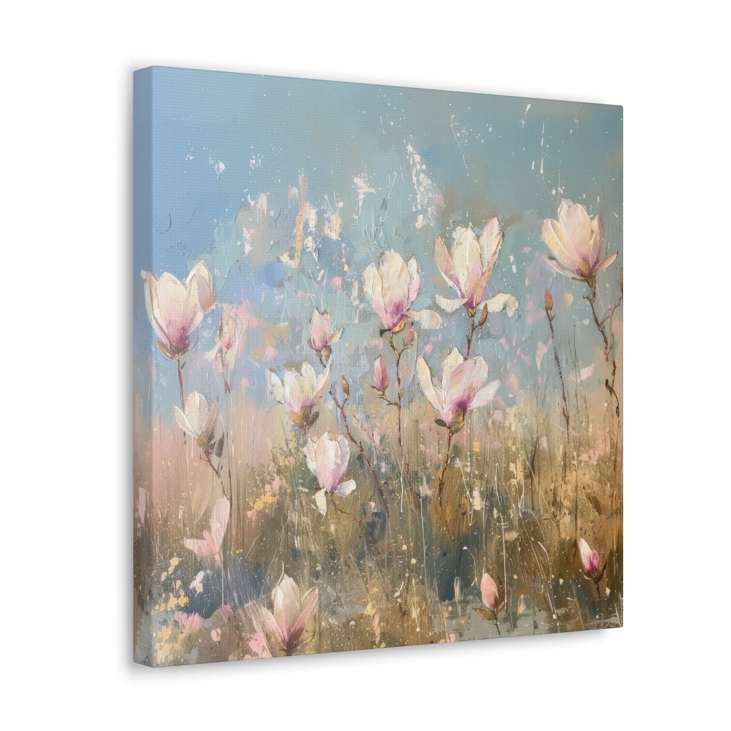 Gentle Spring Serenity: Soft White and Pink Wildflowers Blooming in a Sunlit Field Print on Canvas Gallery Wraps  - 5 Sizes