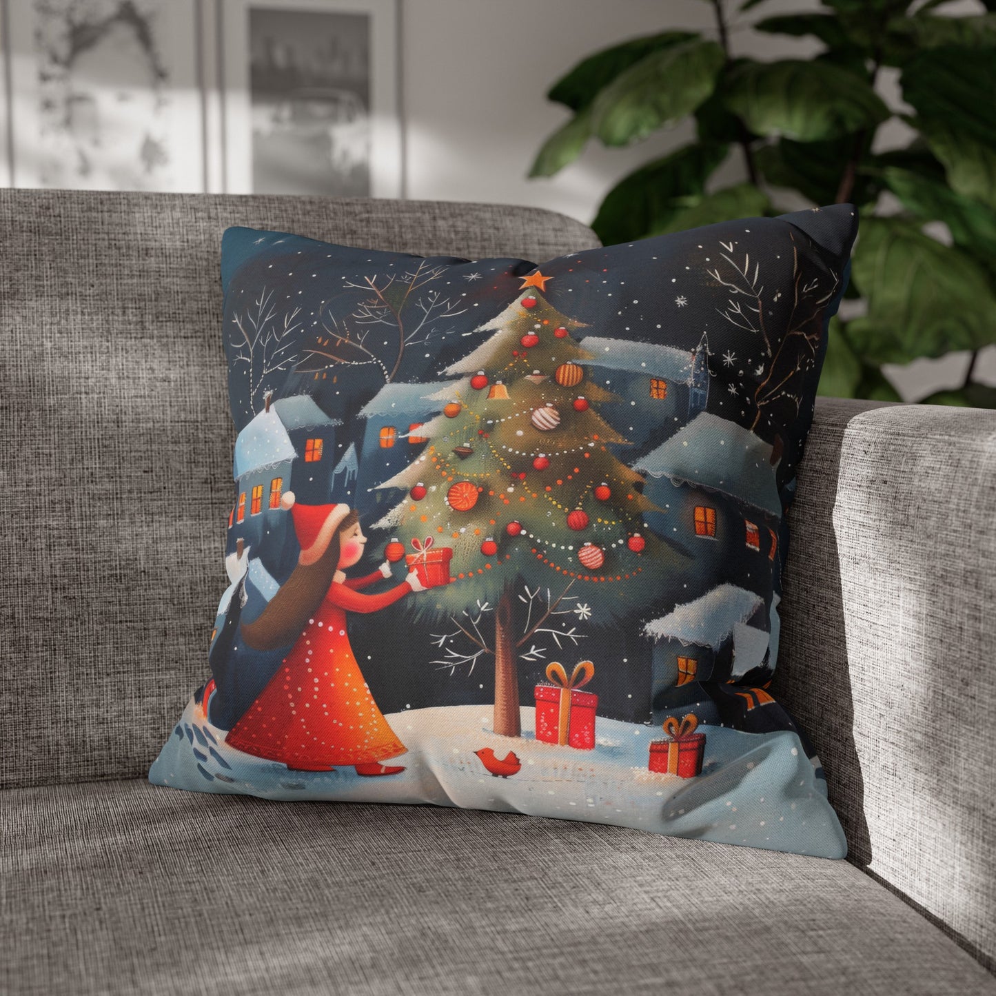 Joyful Surprise: Little Girl Admiring Christmas Tree with Presents Spun Polyester Square Pillowcase 4 Sizes