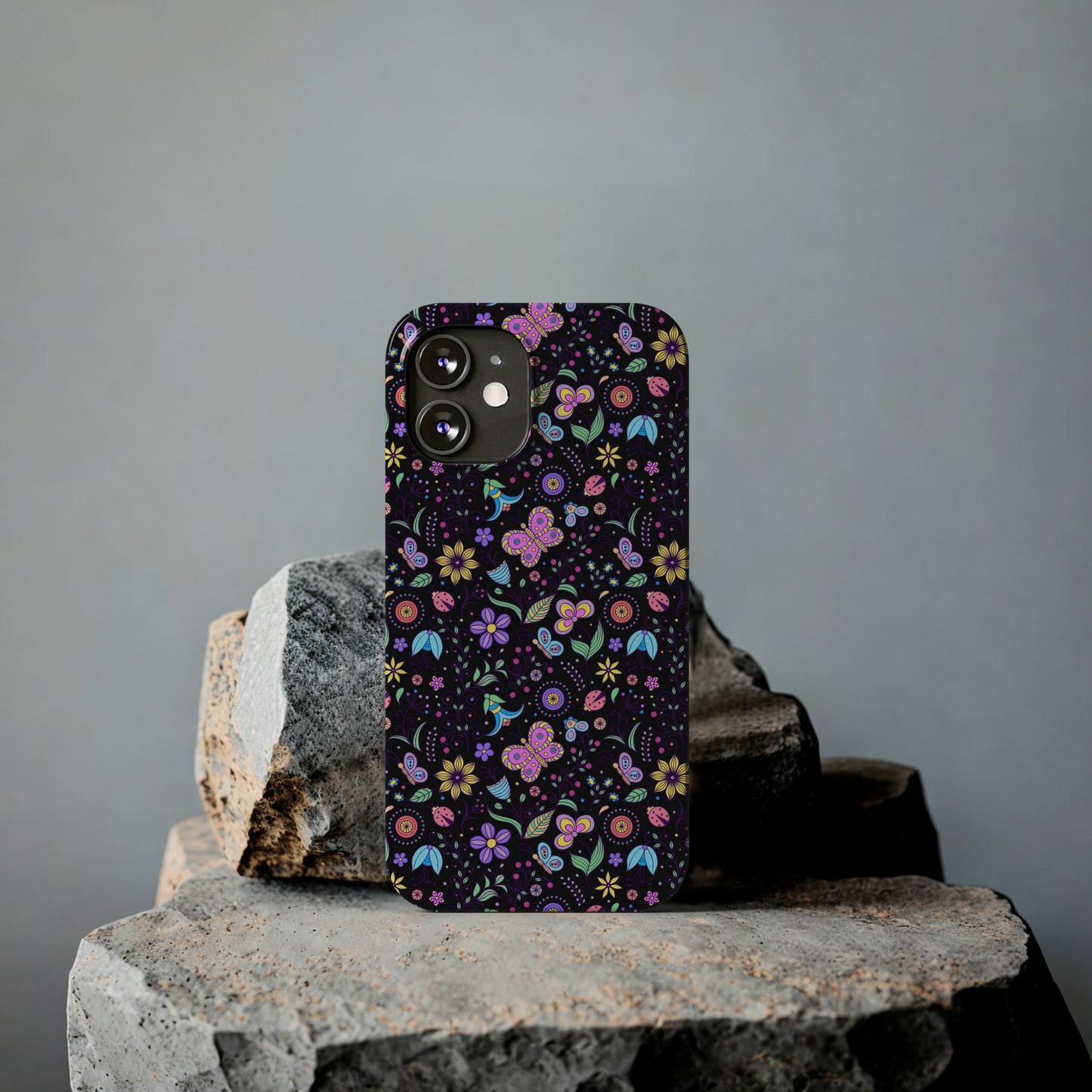 Butterflies and Flowers Black Background Iphone 15-12 Slim Phone Case