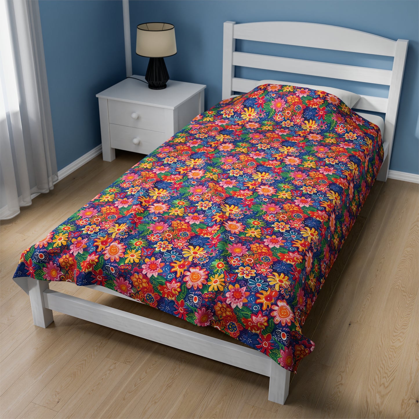 Fluttering Kaleidoscope: Vibrant Multicolor Flowers and Butterflies in Flight Velveteen Plush Blanket 3 Sizes