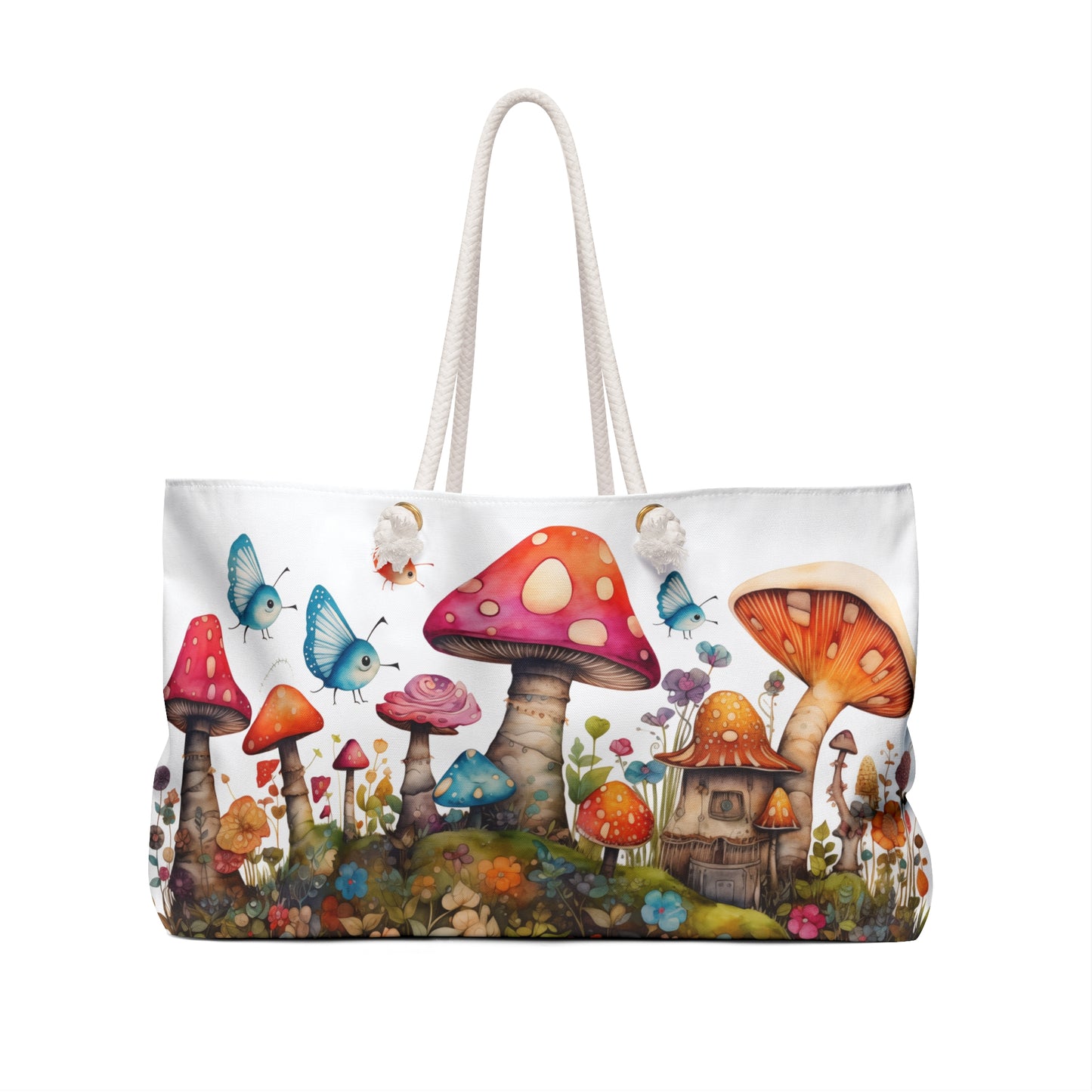 Enchanting Mushroom Cottage Adorned with Butterflies and Toadstools - Weekender Oversized Canvas Tote Bag 24" × 13"