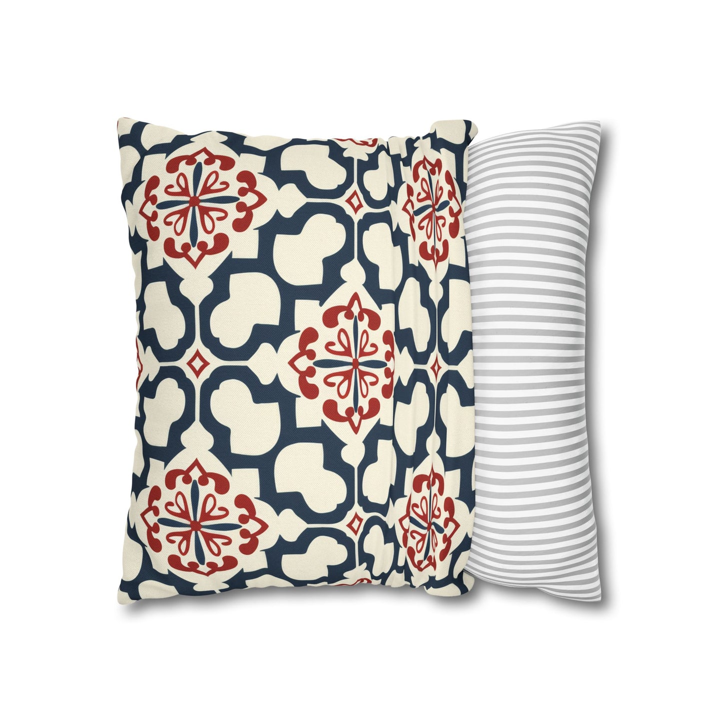 Traditional Korean Elegance in Bold Red and Navy Geometric Tile Pattern Spun Polyester Square Pillowcase 4 Sizes