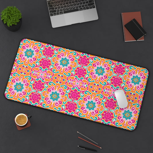 Kaleidoscope of Warm Tangerine, Lush Teal, and Lively Pink Blooms Extended Gaming Mouse Pad Desk Mat - 3 Sizes