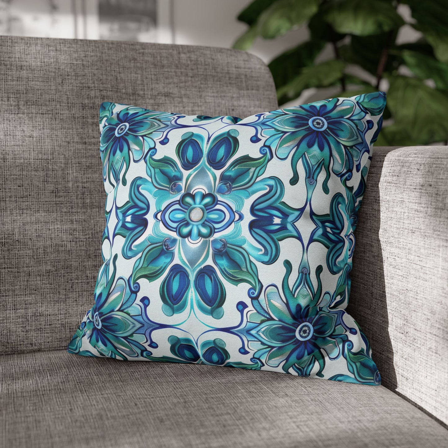 Exquisite Blue Lotus Elegance Floral Mosaic Design Spun Polyester Square Pillowcase 4 Sizes